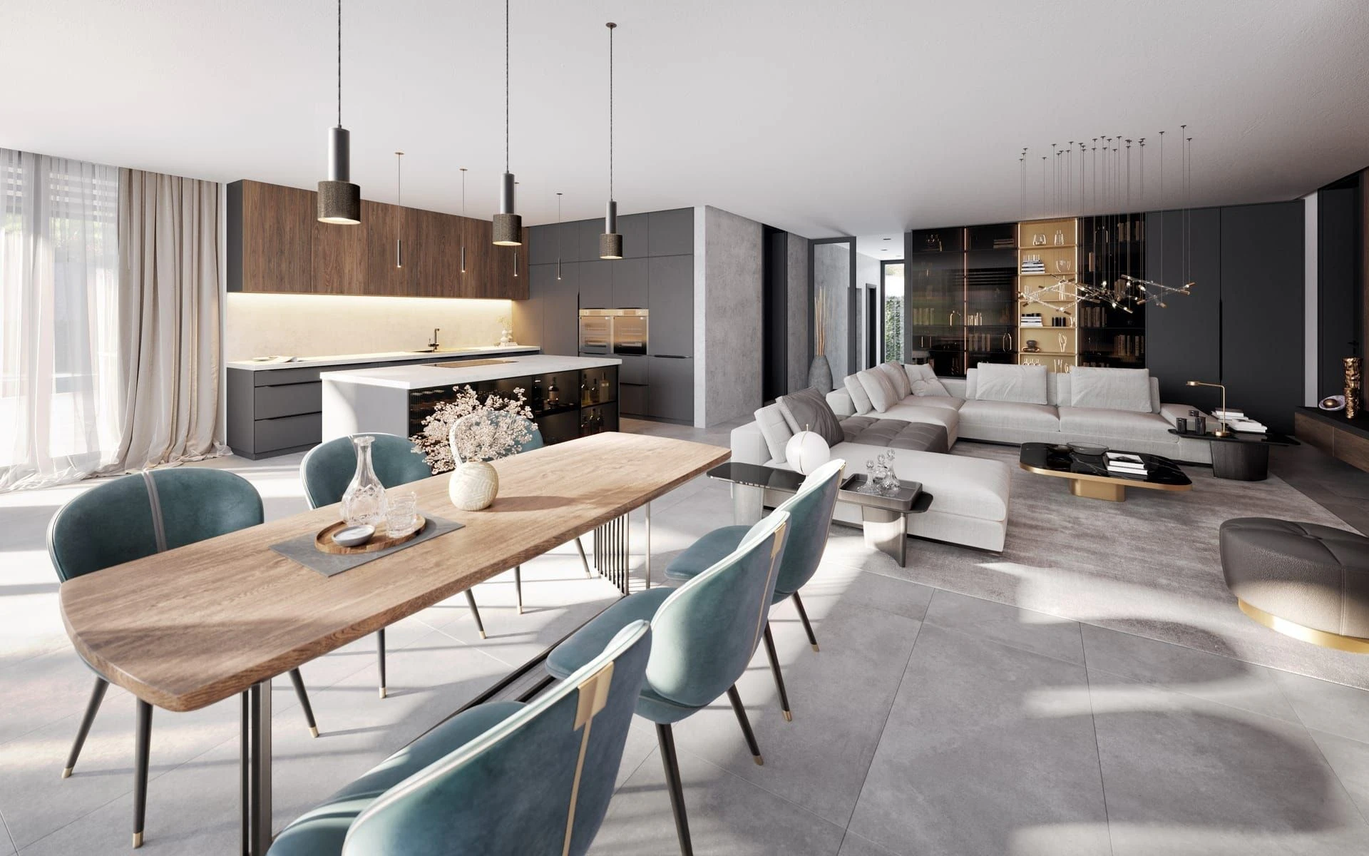 Architectural visualisation of the family home kitchen, dining and living space