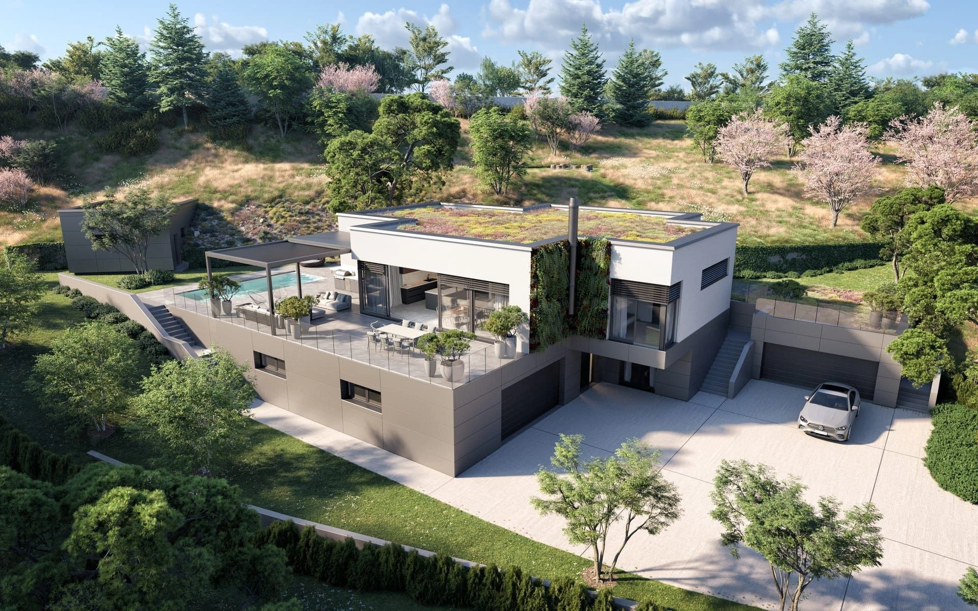 Letecká architektonická vizualizace rodinného domu zasazeného do svahu