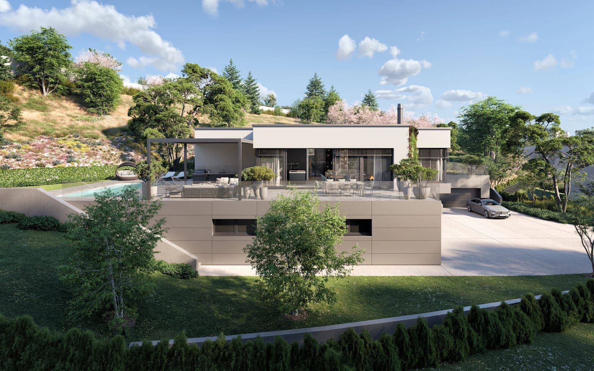 Architectural visualisation of the family home garden façade